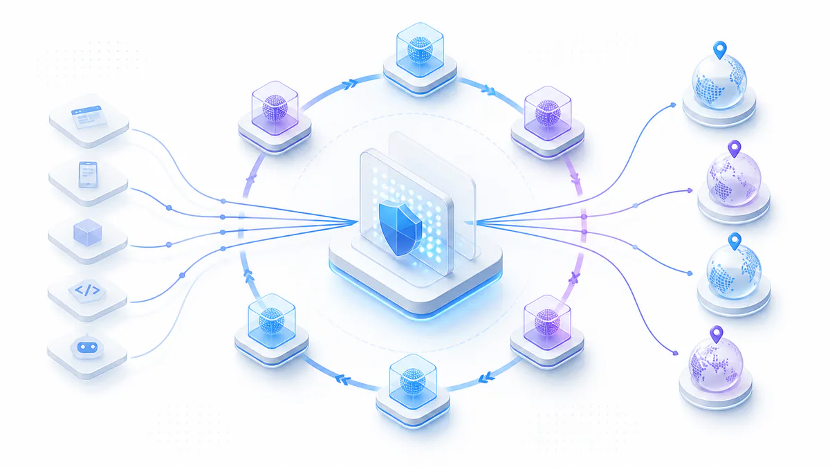 Rotating proxies guide showing requests distributed through changing proxy IP addresses