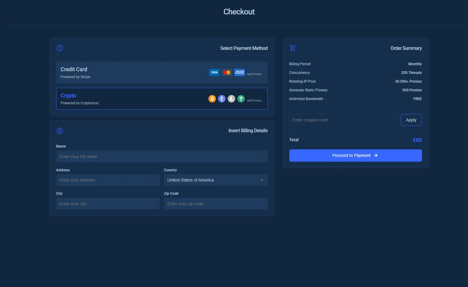 Select a product on ProxyTitan and click Crypto to start checkout