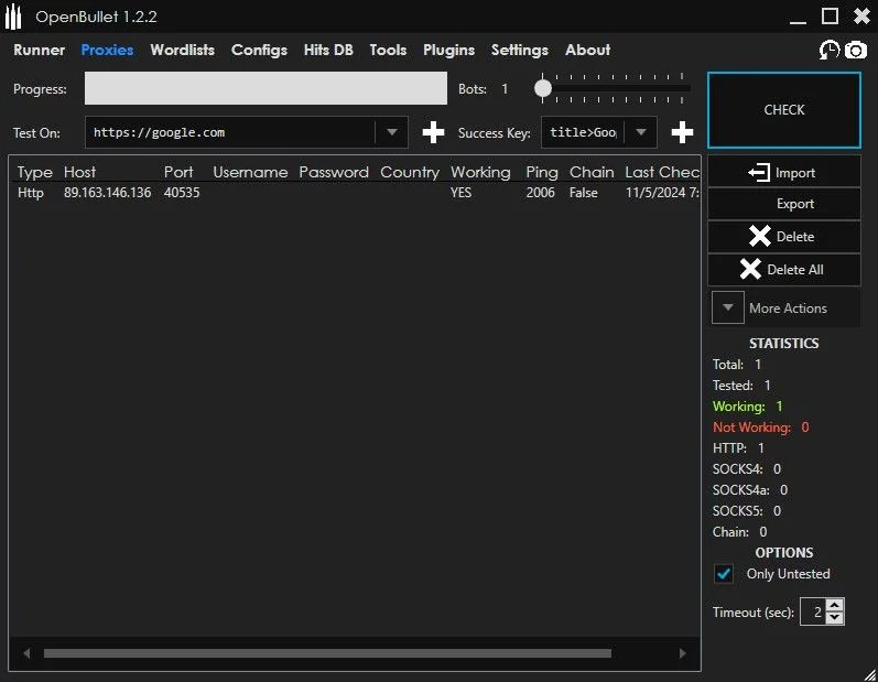 Checking proxy functionality and performance in OpenBullet