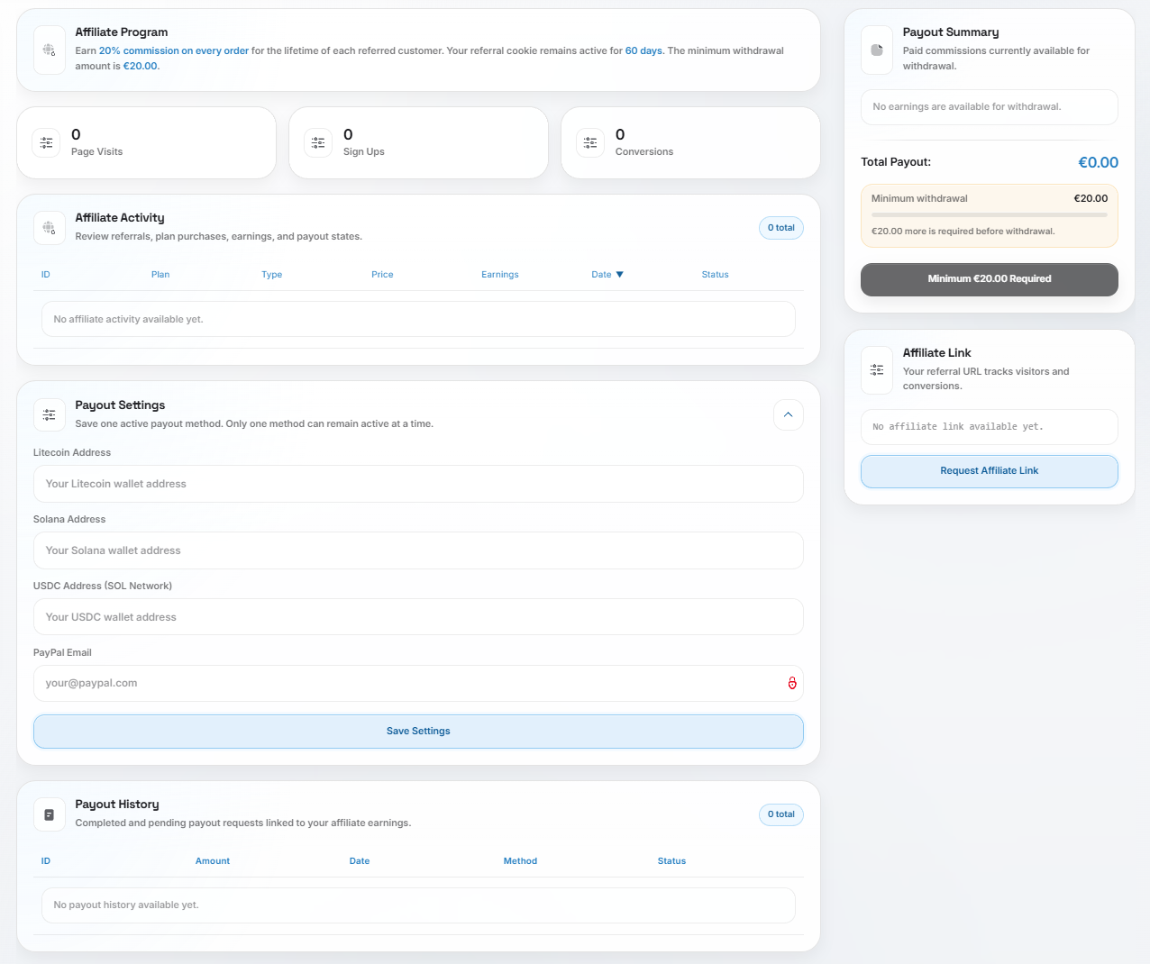 ProxyTitan affiliate dashboard showing visits, sign-ups, conversions, earnings, payout settings, and affiliate activity