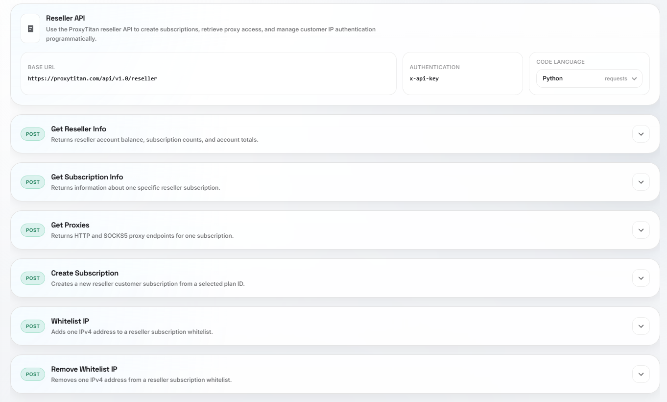 ProxyTitan reseller API documentation with account, subscription, proxy, and whitelist endpoints
