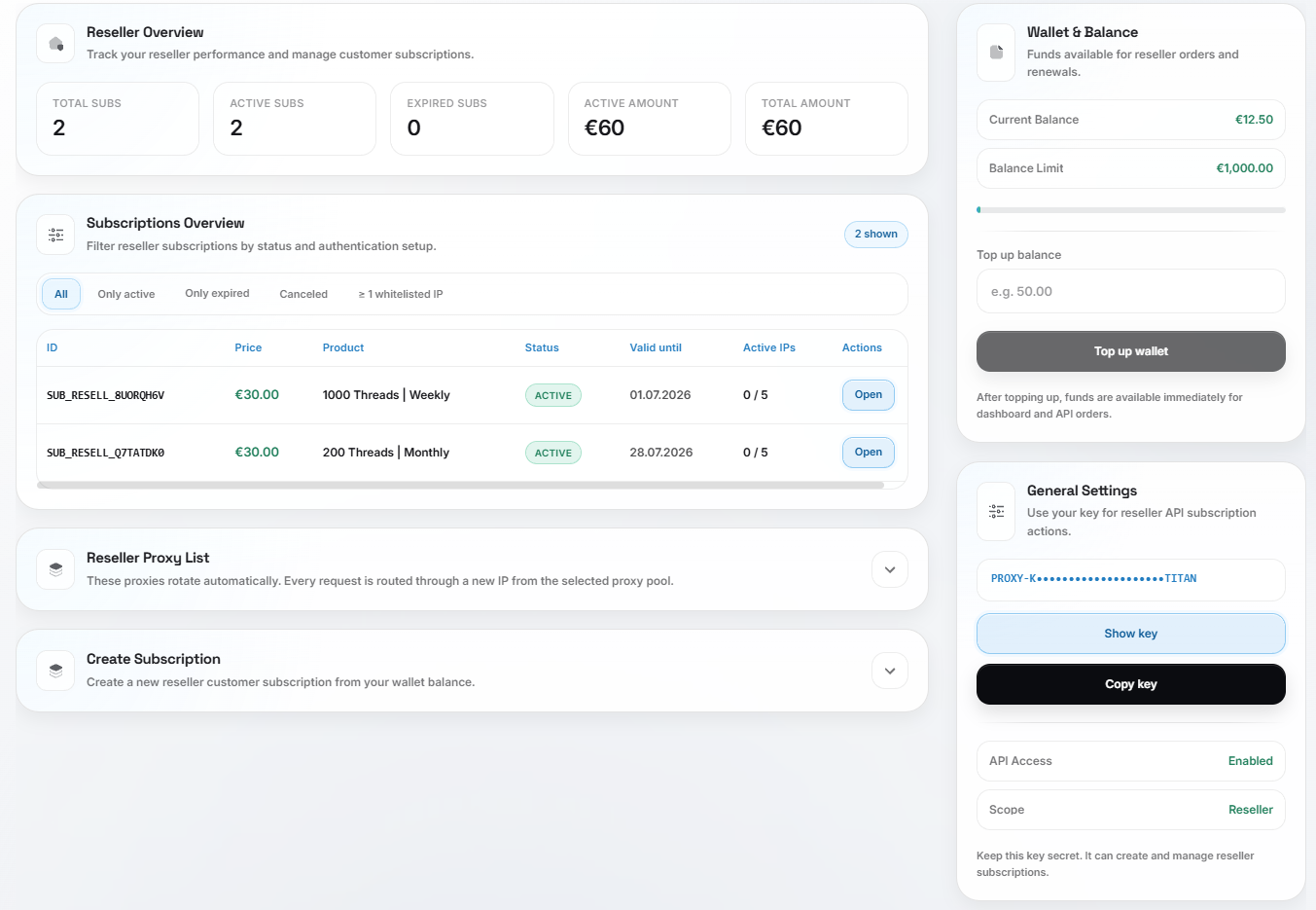 ProxyTitan reseller dashboard with subscription overview, wallet balance, reseller API key, and customer subscriptions