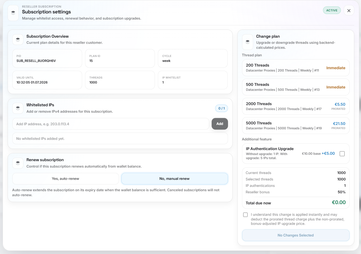 ProxyTitan reseller subscription settings with whitelist, renewal, thread change, and IP authentication controls
